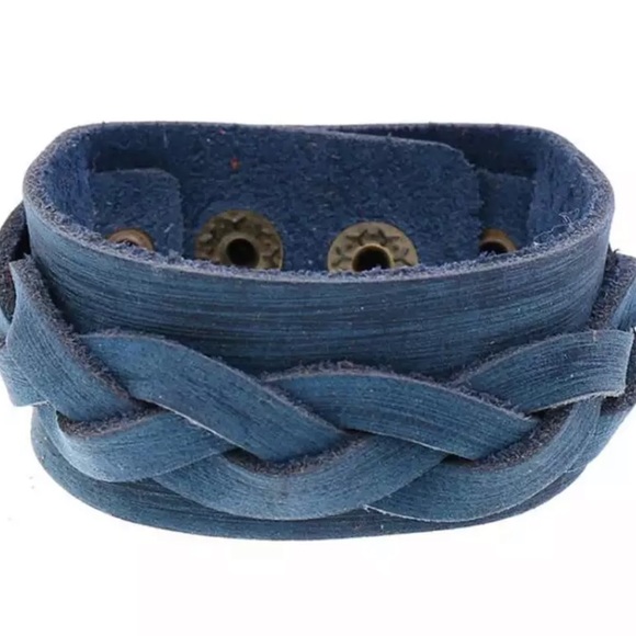 Blue Leather Bracelet Women’s Distressed Western Cowgirl Adjustable Cuff Jewelry - Picture 2 of 6